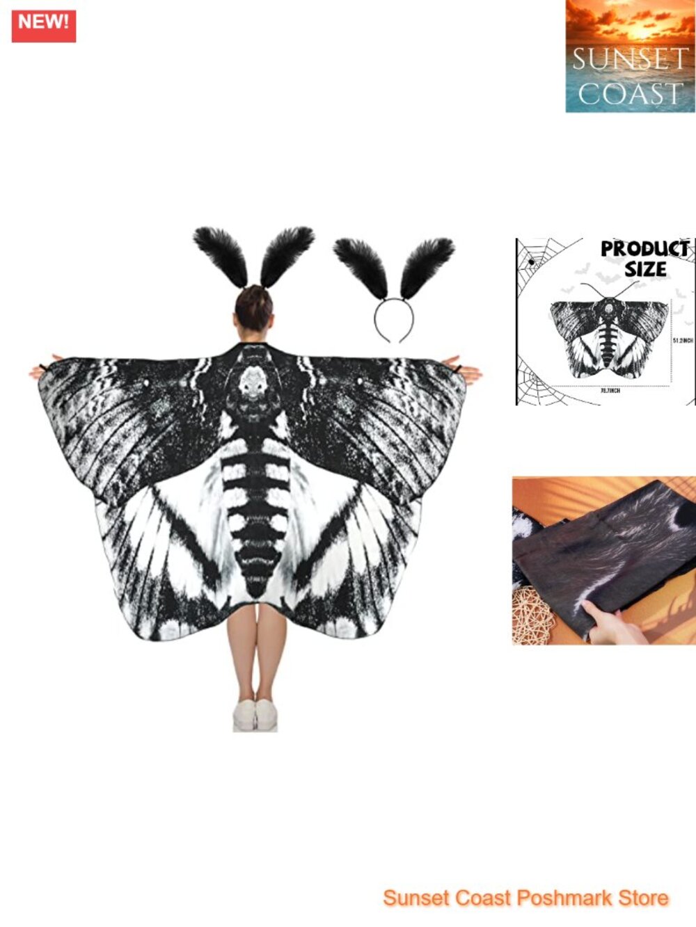 Moth Wings Cape Costume Set with Feather Headband Polyester Halloween